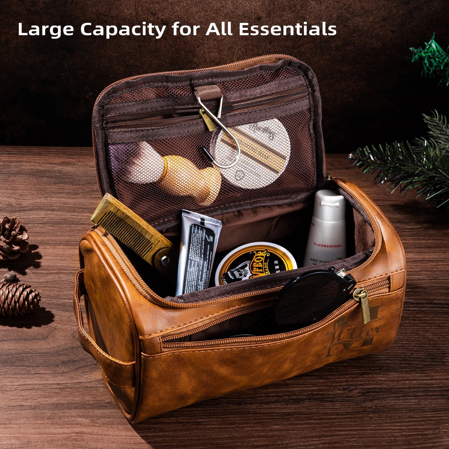 Bleggeit Personalized Leather Toiletry Bag For Men with Hook, Groomsmen Gifts Travel Bag Laser Engraved Name Monogram Leather Gift For Him Husband Bleggeit