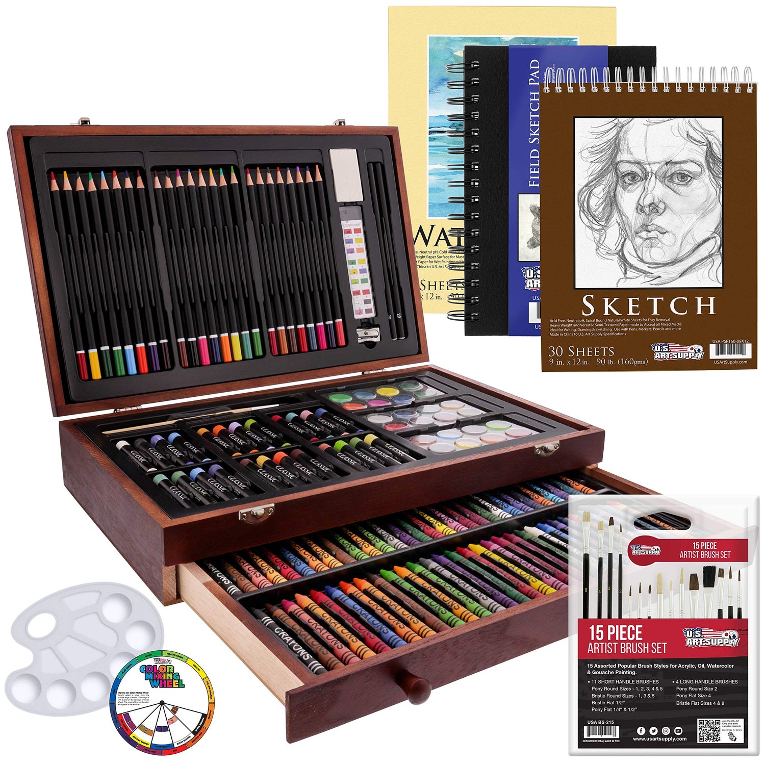 U.S. Art Supply 162-Piece Deluxe Mega Wood Box Art Painting and Drawing Set - Artist Painting Pad, 2 Sketch Pads, 24 Watercolor Paint Colors, 24 Oil U.S. Art Supply