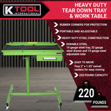 K Tool International 75108 Adjustable Tear Down Work Table with Drawer for Garages, Repair Shops, and DIY, Portable, (4) 2" Swivel Casters, 220 Pound K Tool International
