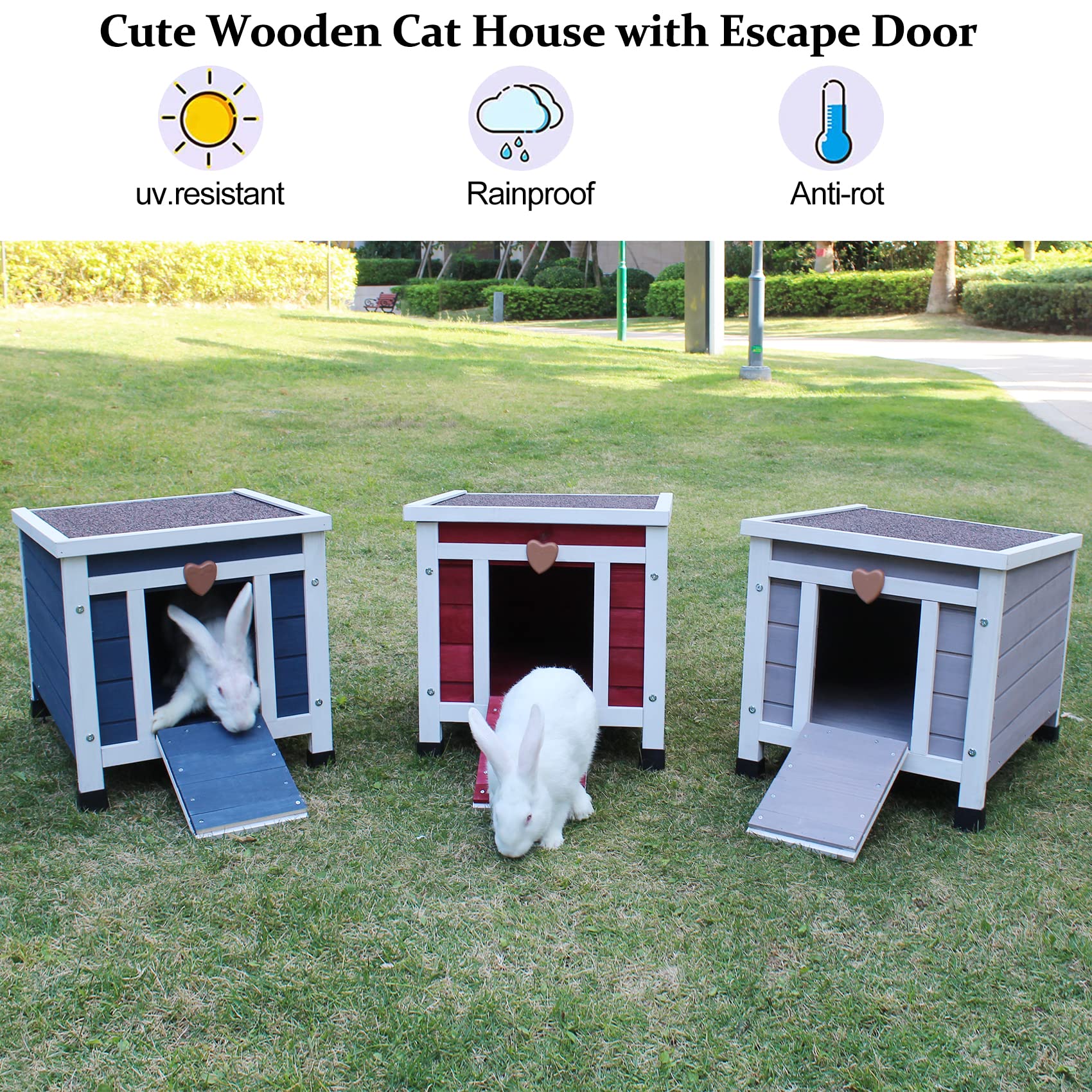 Deblue Weatherproof Cat House for Outdoor Cats, Wooden Small Pet House Outside, Feral Cat Shelter with Elevated Floor and Lockable Door - Grey - WoodArtSupply