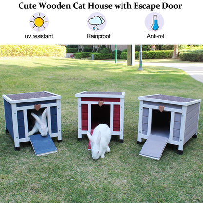 Deblue Weatherproof Cat House for Outdoor Cats, Wooden Small Pet House Outside, Feral Cat Shelter with Elevated Floor and Lockable Door - Grey - WoodArtSupply