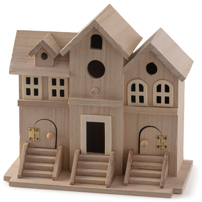 9.5" Wooden Brownstone Birdhouse with Fence by Make Market - Unfinished Birdhouse Made of 100% Wood, Outdoor Nesting Boxes - Bulk 6 Pack - WoodArtSupply