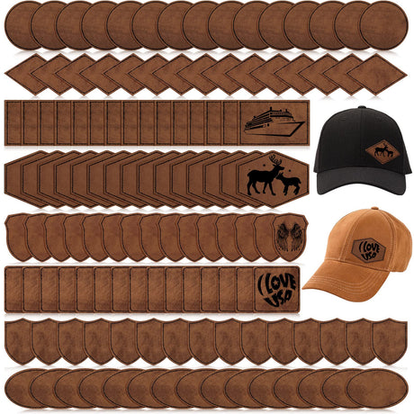 Giegxin 120 Pieces Rustic Leatherette Hat Patches with 8 Types of Shape Laser Engraving Blanks Patch Adhesive for Fabric Faux Leather Patch Repair Giegxin