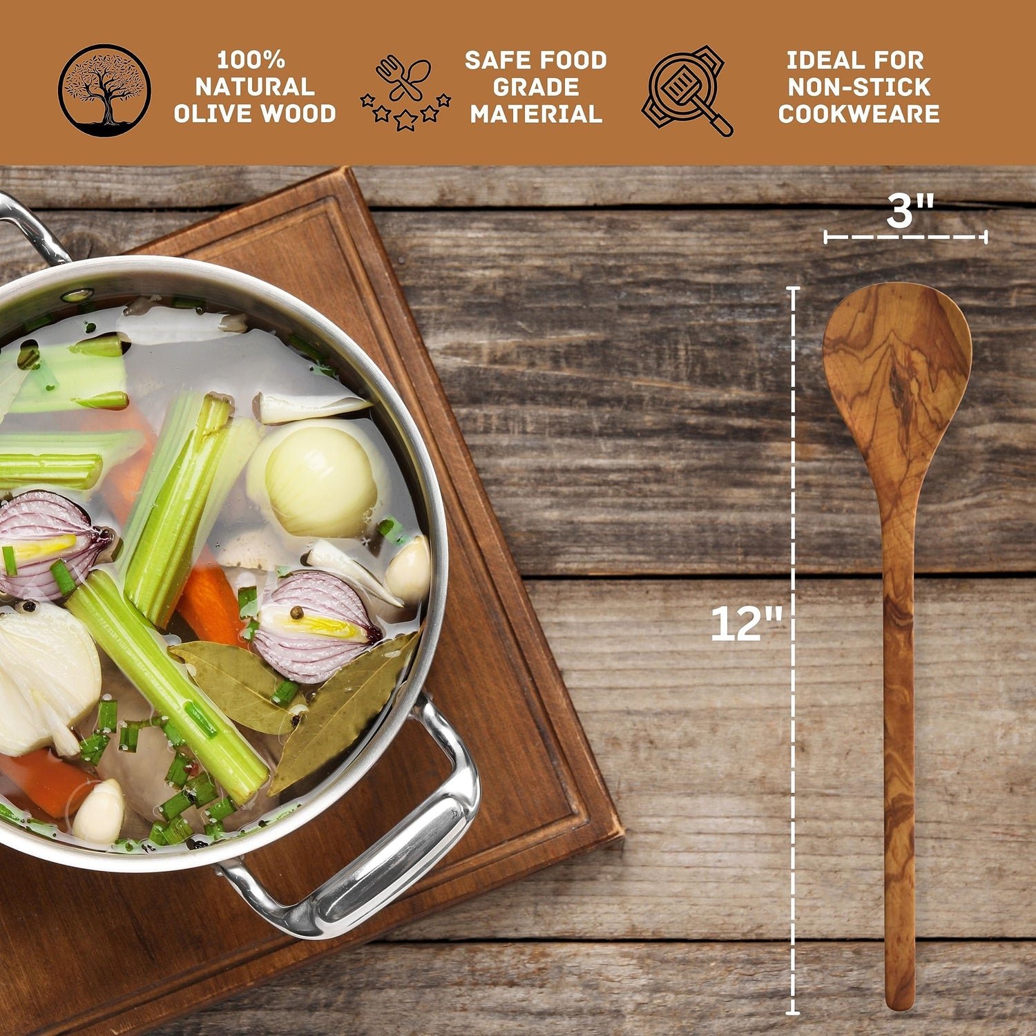 The Live Edge - Handmade Olive Wood Spoon 12" Long handle | Large Wooden Spoon for Cooking, Kitchen Utensil | Single Nonstick Wood Serving Spoons for The Live Edge