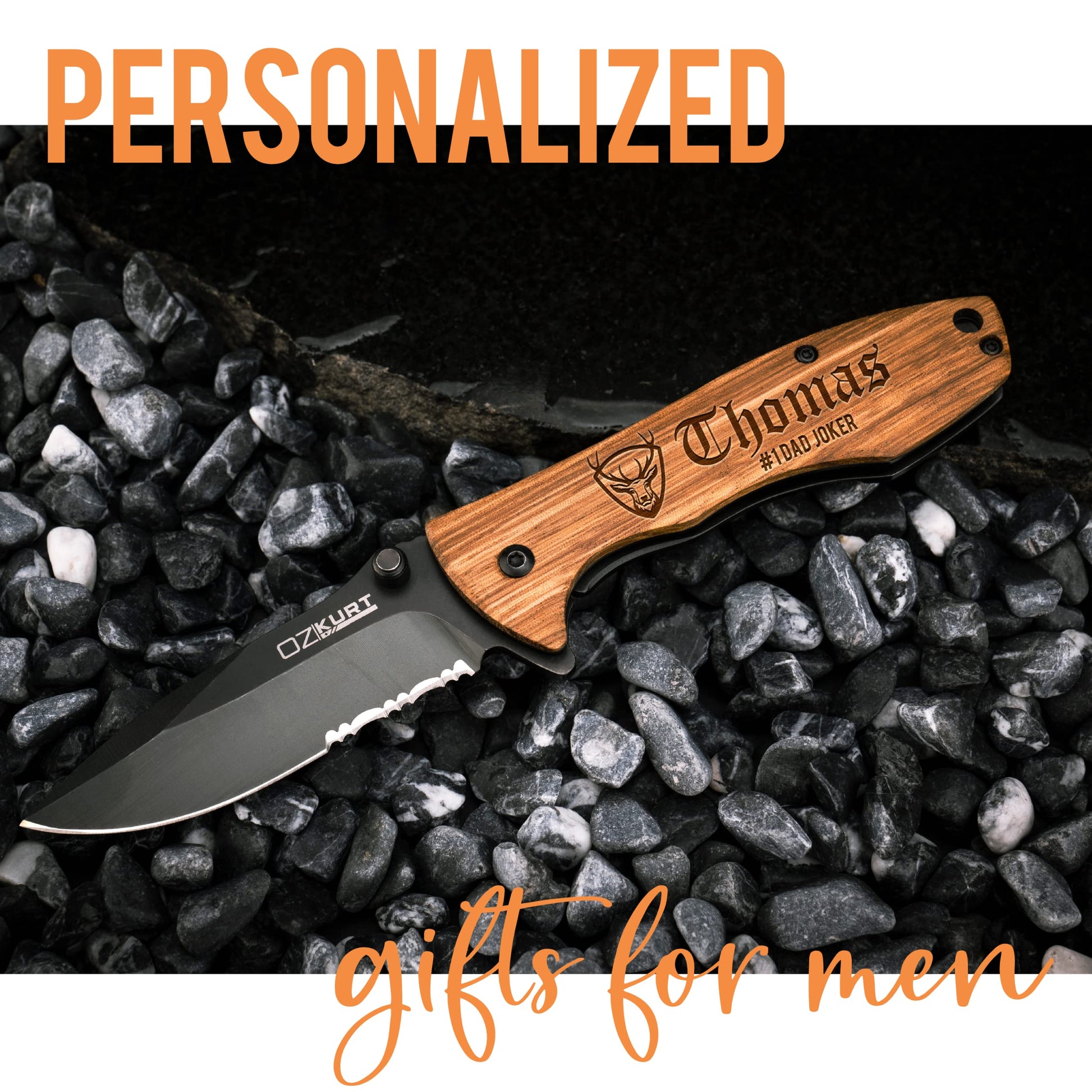 Gifts for Men, Personalized Engraved Oak Wood Pocket Knife - 36 Icons, 20 Stylish Font - Custom Knives - WoodArtSupply