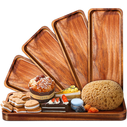 5 Pack Solid Acacia Wood Serving Trays, 14 x 5.5 Inches Rectangular Wooden Serving Board for Food Appetizer Serving Tray Plates for Vegetables Fruit