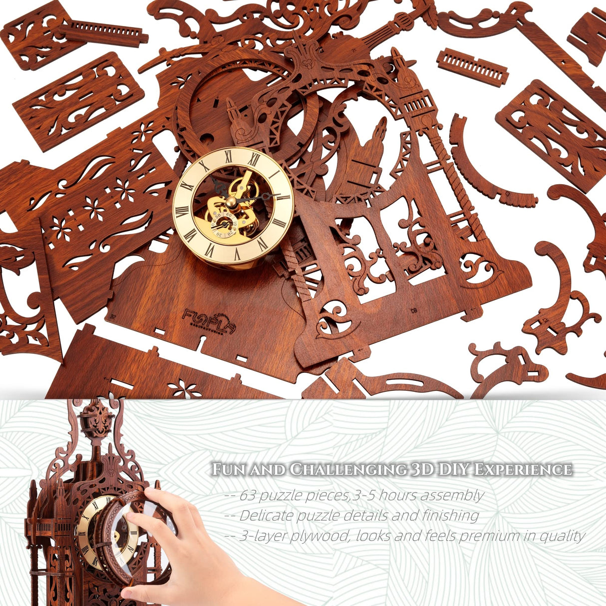 3D Wood Puzzle Clock Tower with LED Light - FUNPOLA DIY Home Décor Model FUNPOLA