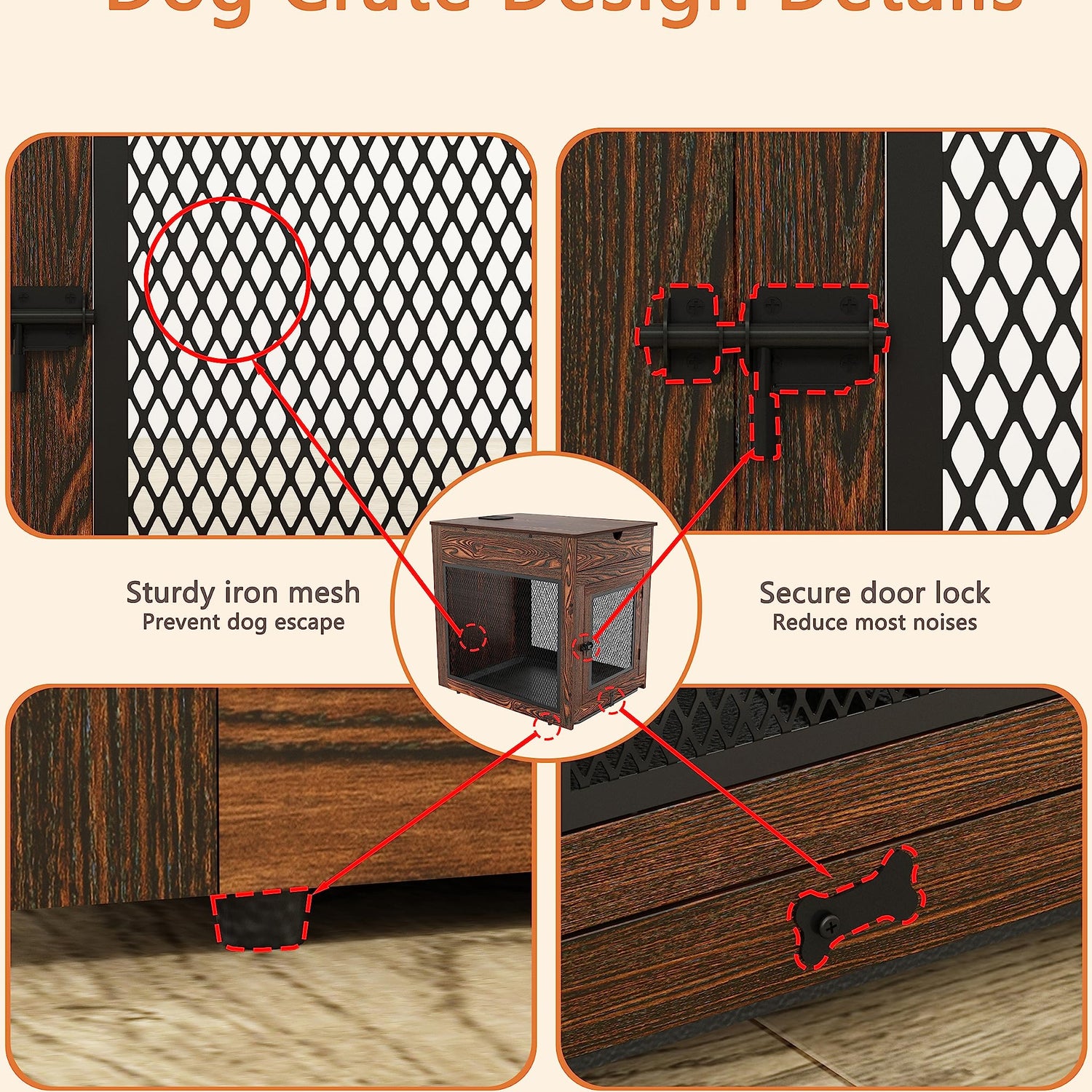 Piskyet Dog Crate Furniture,Wooden Dog Crate End Table with Storage Drawer&Cushion&Tray, QC3.0 Wireless Fast Charging&Dual USB, Dog Crate Indoor Piskyet