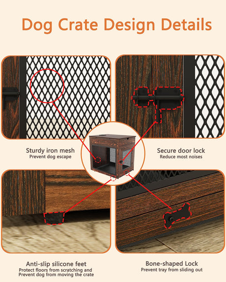 Piskyet Dog Crate Furniture,Wooden Dog Crate End Table with Storage Drawer&Cushion&Tray, QC3.0 Wireless Fast Charging&Dual USB, Dog Crate Indoor Piskyet