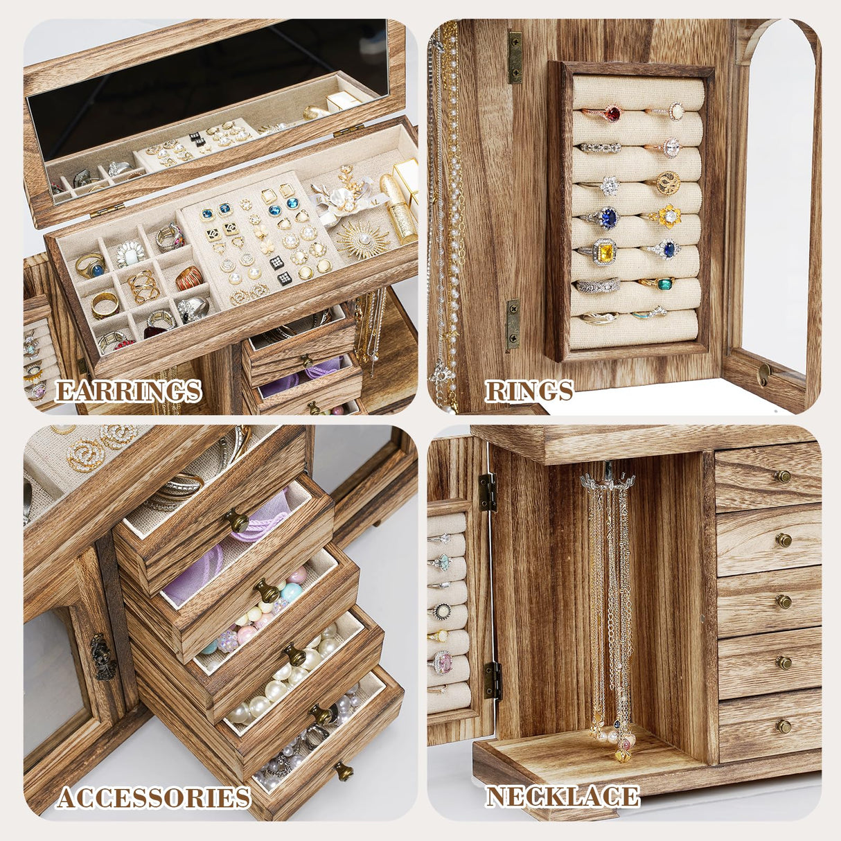 Miratino Jewelry Box for Women Girls, Rustic Wooden Jewelry Organizer Box with Mirror, 5 Layer Jewelry Storage Case Display for Necklaces Earrings Miratino