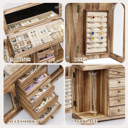 Miratino Jewelry Box for Women Girls, Rustic Wooden Jewelry Organizer Box with Mirror, 5 Layer Jewelry Storage Case Display for Necklaces Earrings - WoodArtSupply