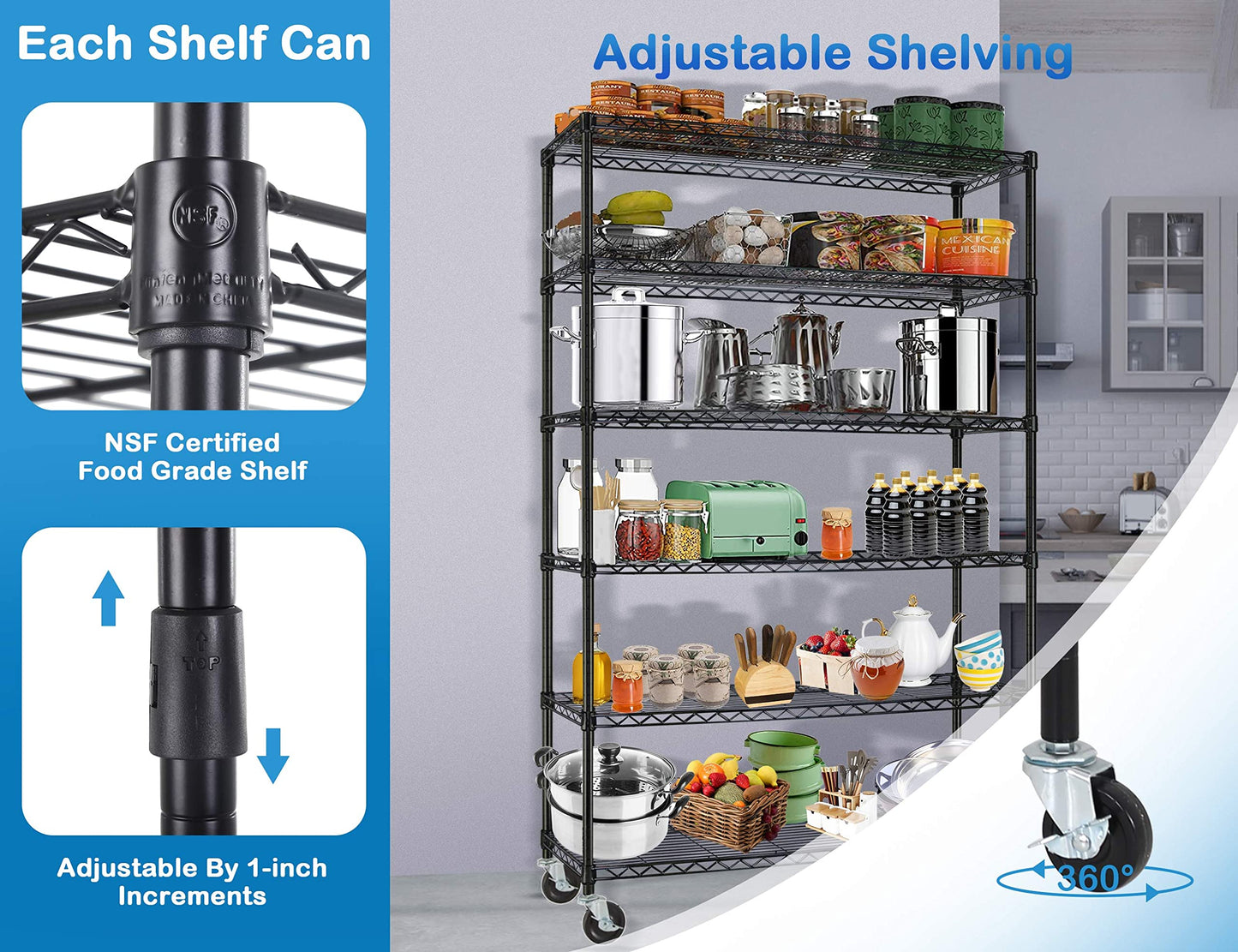 6 Tier 2100lbs Wire Shelves, 48" D x 18" W x 82" H Metal Shelves for Storage Heavy Duty, Storage Racks with Wheels, Height Adjustable, Wire Rack