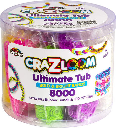 Cra Z Art Cra-Z-Loom Ultimate Tub 8000 Latex Free Rubber Bands and 100 “S” Clips for Making Crafts in Bold and Bright Colors, multi Cra-Z-Art