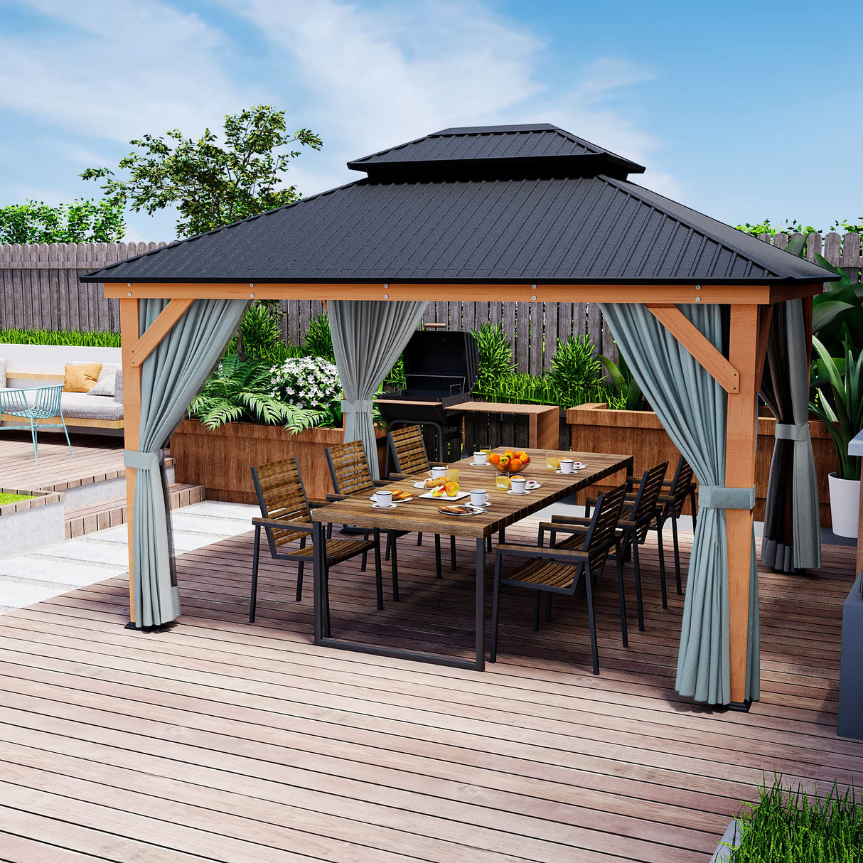 HAPPATIO 11' × 13' Wood Gazebo, Outdoor Hardtop Gazebo with Mosquito Netting and Curtains, Double Metal Roof Patio Gazebo Hard Top Gazebo for Garden, HAPPATIO