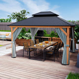 HAPPATIO 11' × 13' Wood Gazebo, Outdoor Hardtop Gazebo with Mosquito Netting and Curtains, Double Metal Roof Patio Gazebo Hard Top Gazebo for Garden, HAPPATIO