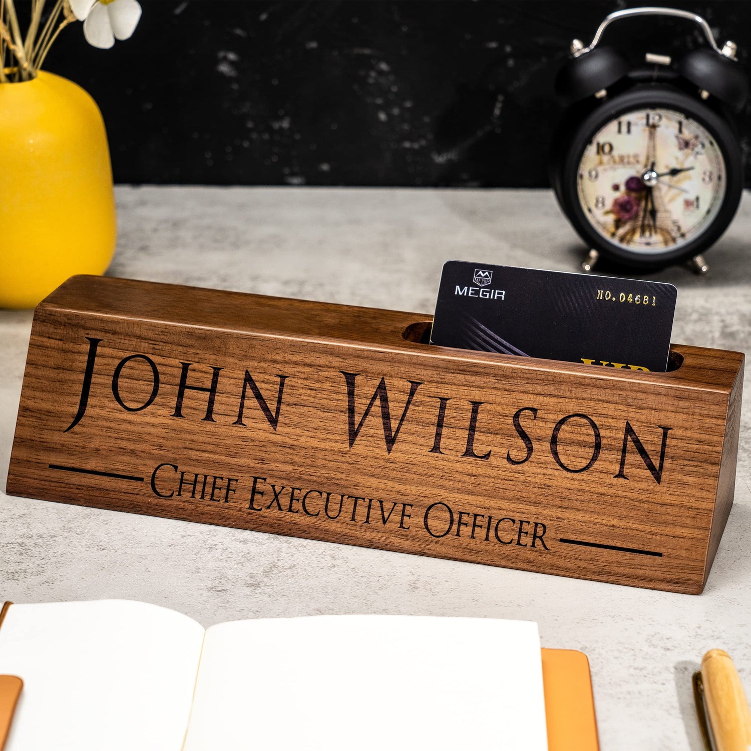 Personalized Wood Desk Name Plates, Custom Engraving Name Plates with Business Card Holder for Desks, Office Gift for Boss Teacher CEO Coworker, Man KWOOD