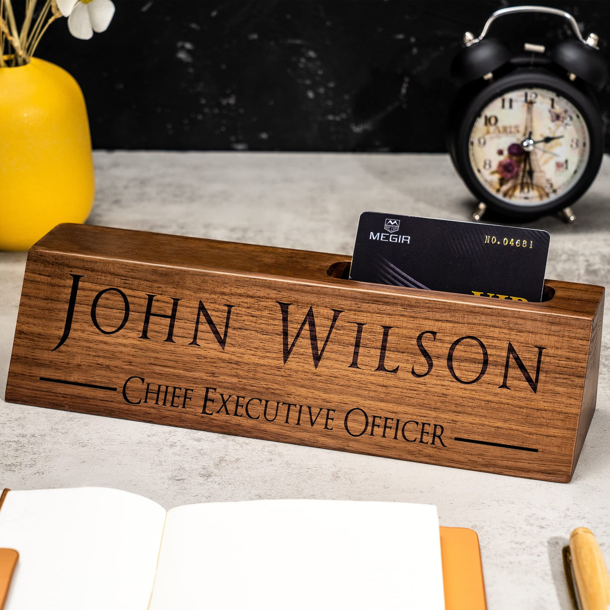 Personalized Wood Desk Name Plates, Custom Engraving Name Plates with Business Card Holder for Desks, Office Gift for Boss Teacher CEO Coworker, Man KWOOD