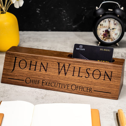 Personalized Wood Desk Name Plates, Custom Engraving Name Plates with Business Card Holder for Desks, Office Gift for Boss Teacher CEO Coworker, Man - WoodArtSupply