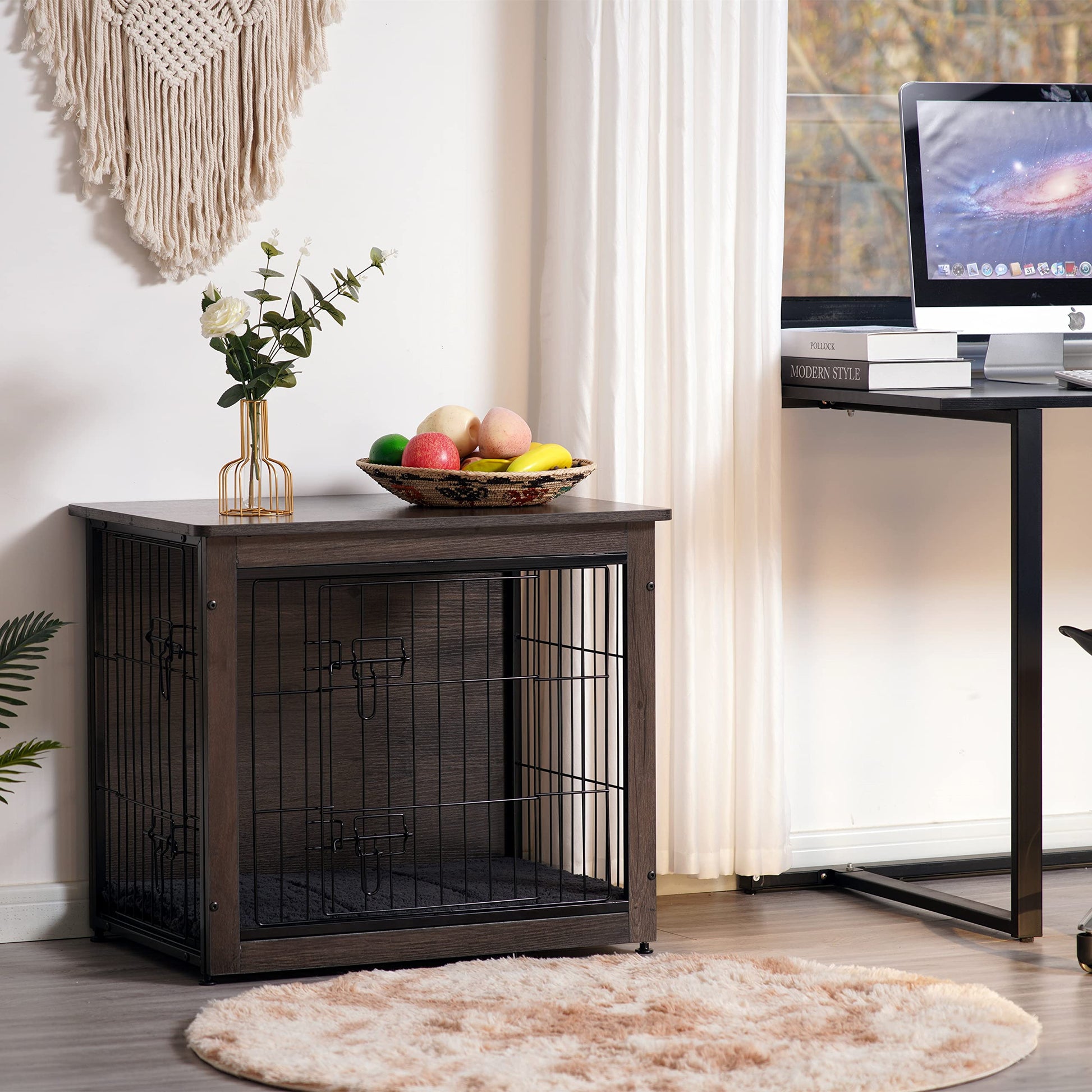 DWANTON Dog Crate Furniture with Cushion, Wooden Crate with Double Doors, Dog Kennel Indoor for Small/Medium/Large Dog, End Table, Small, 27.2" L, - WoodArtSupply