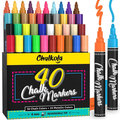 Chalkola Chalk Markers - Pack of 40 (Neon, Pastel & Metallic) Liquid Chalk Pens - For Chalkboard, Blackboard, Window, Labels, Bistro, Glass, Car,