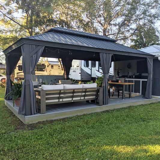 PURPLE LEAF 12' X 20' Permanent Hardtop Gazebo Aluminum Gazebo with Galvanized Steel Double Roof for Patio Lawn and Garden, Curtains and Netting - WoodArtSupply