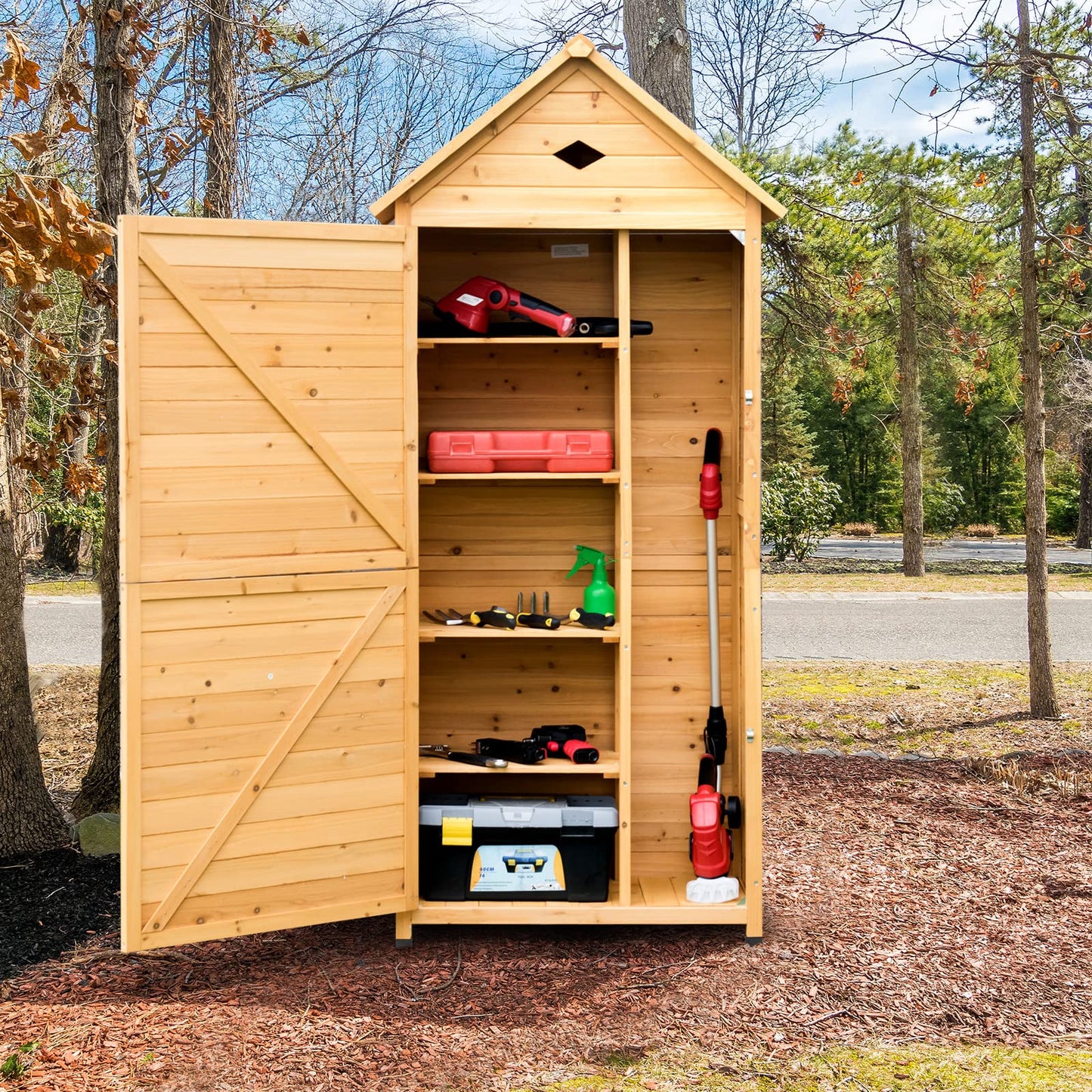 Goplus Wooden Storage Shed, Outdoor Storage Cabinet with 4 Shelves and Pitched Galvanized Sheet Roof, Lockable Garden Shed, Outside Tool Shed for