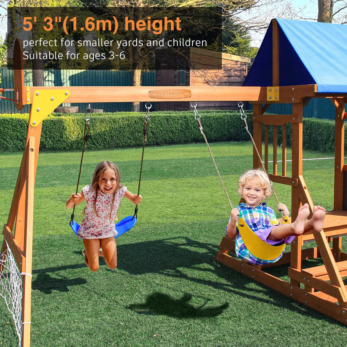 SuniBoxi Wooden Swing Set/Playset Made for Small Yards and Kids Toddlers Age 3-6, 6-in-1 Playground Set with Picnic Table Drawing Board Sandboxes SuniBoxi