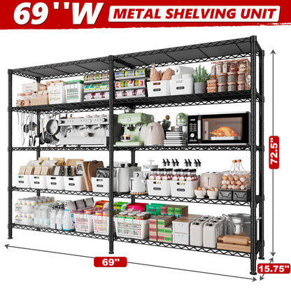 REIBII 69" W Storage Shelves,Wire Shelving Load 1600LB Metal Shelves for Storage 5-Tier Heavy Duty Shelving Unit with Shelf Adjustable Garage - WoodArtSupply