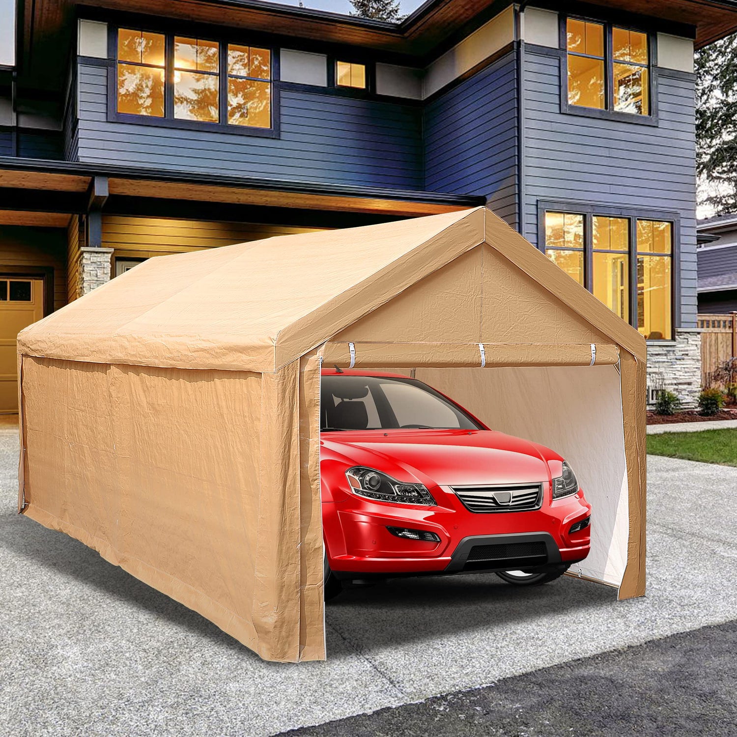 PHI VILLA 10x20 ft Heavy Duty Carport Car Canopy Garage Extra Storage Shelter Boat Party Tents Shed with Removable Sidewalls and Doors, Beige PHI VILLA