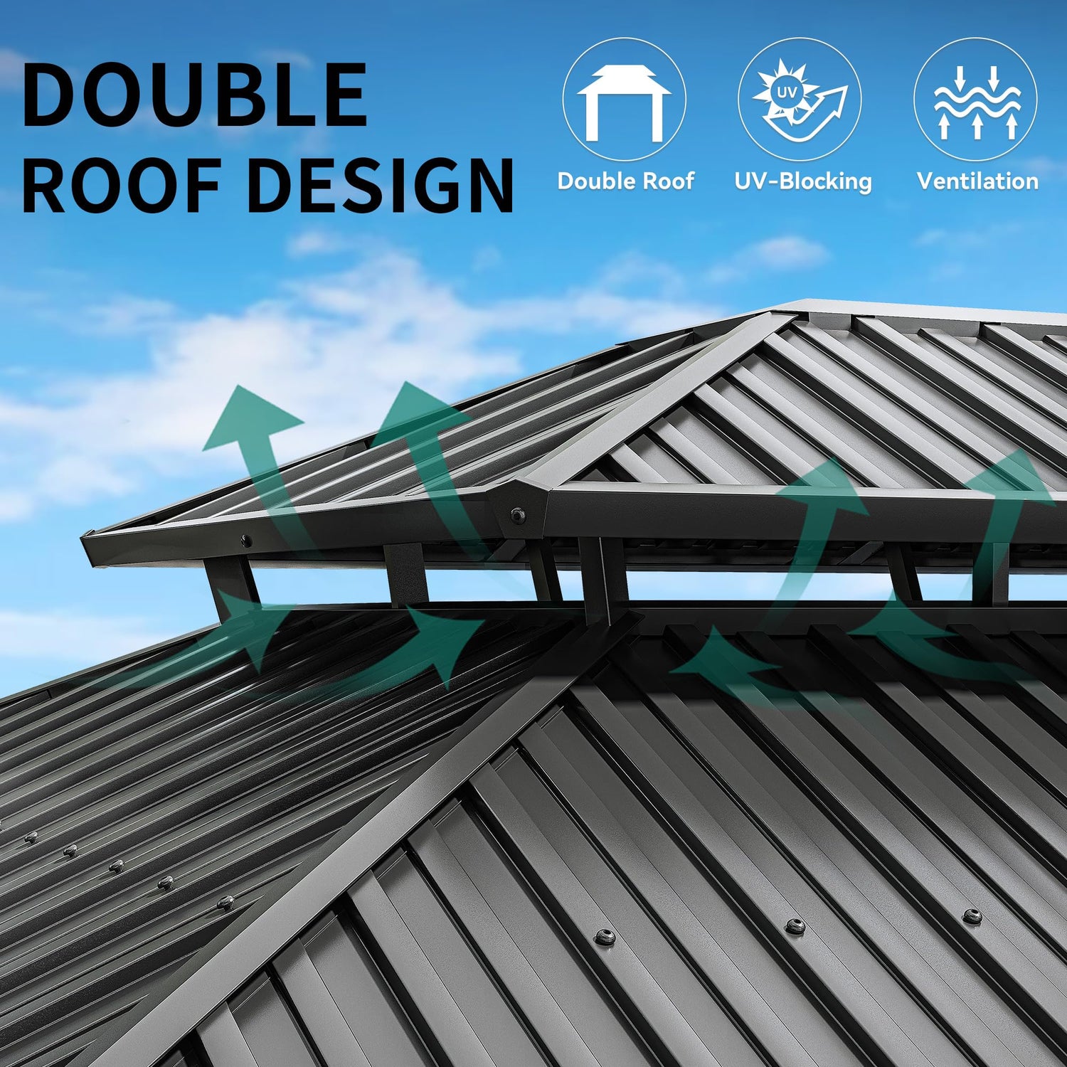 DWVO 12x20ft Hardtop Gazebo Double Roof with Nettings and Curtains, Heavy Duty Galvanized Steel Outdoor Vertical Stripes Roof for Patio, Backyard, DWVO