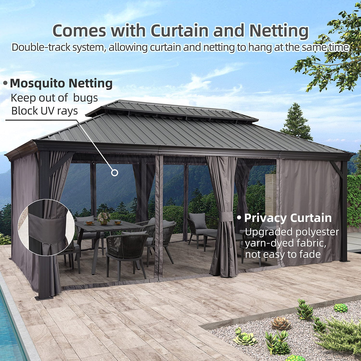 PURPLE LEAF 12' X 20' Permanent Hardtop Gazebo Aluminum Gazebo with Galvanized Steel Double Roof for Patio Lawn and Garden, Curtains and Netting PURPLE LEAF