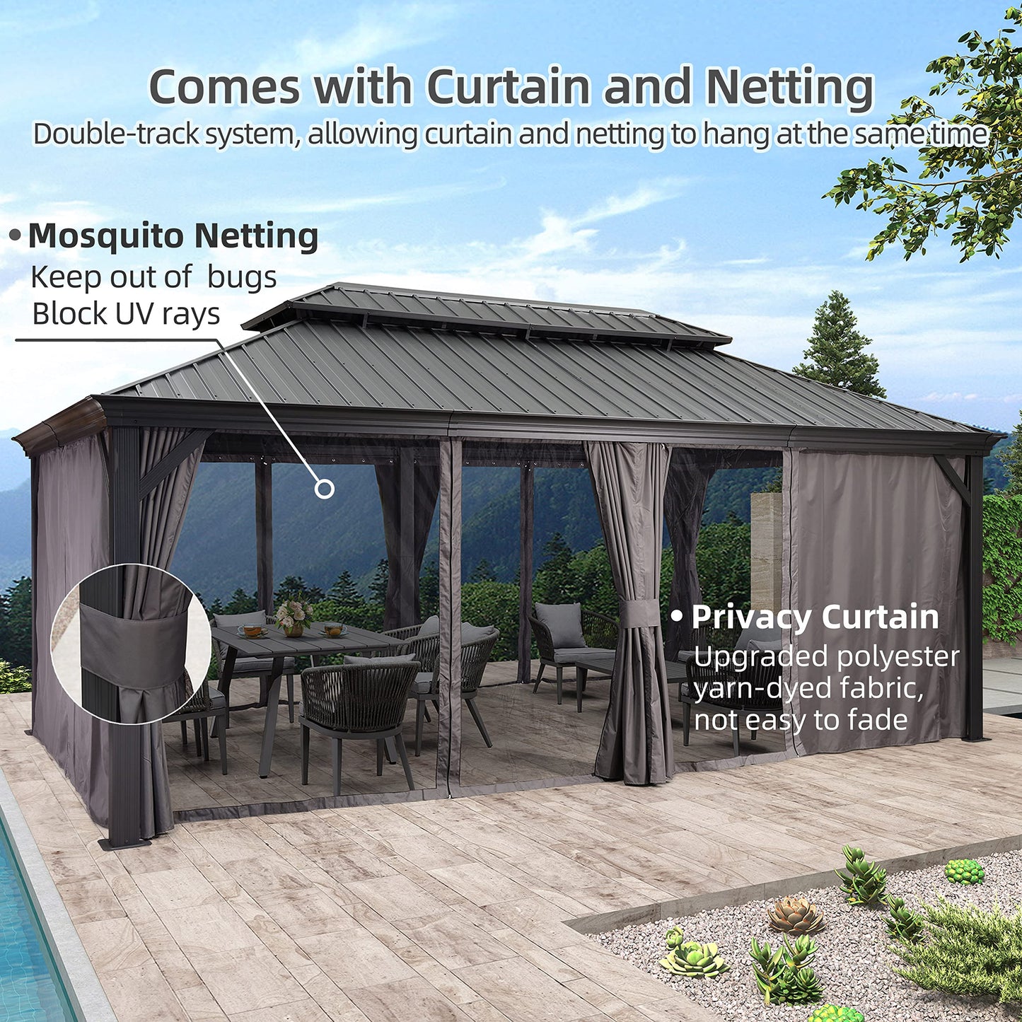 PURPLE LEAF 12' X 20' Permanent Hardtop Gazebo Aluminum Gazebo with Galvanized Steel Double Roof for Patio Lawn and Garden, Curtains and Netting - WoodArtSupply