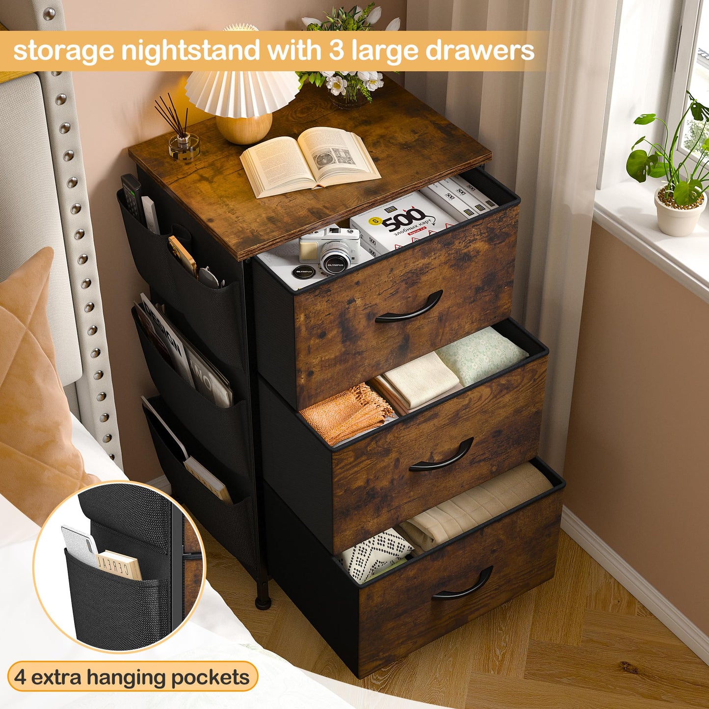 EnHomee Nightstand Set of 2, Night Stand with 3 Drawers for Bedroom, Bedside Table with Wooden Top, Sturdy Steel Frame End Table, Small Dresser for - WoodArtSupply