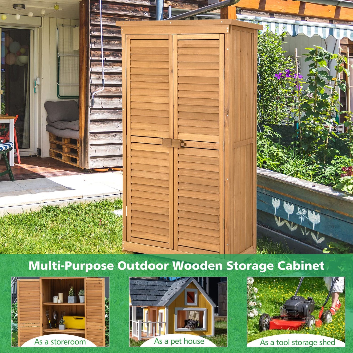 GOFLAME 63” Outdoor Storage Cabinet, Wooden Garden Storage Shed with 3 Removable Shelves, Waterproof Asphalt Roof, Adjustable Footpads, Latch, GOFLAME