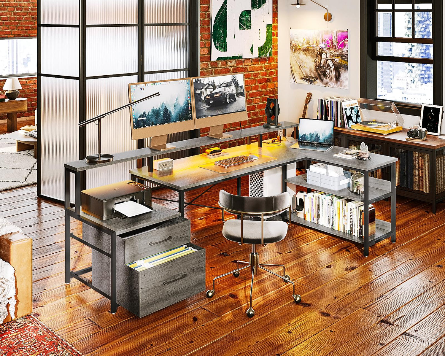 ODK 75" Reversible L Shaped Desk with LED Lighting, Power Outlet & Ample Storage ODK