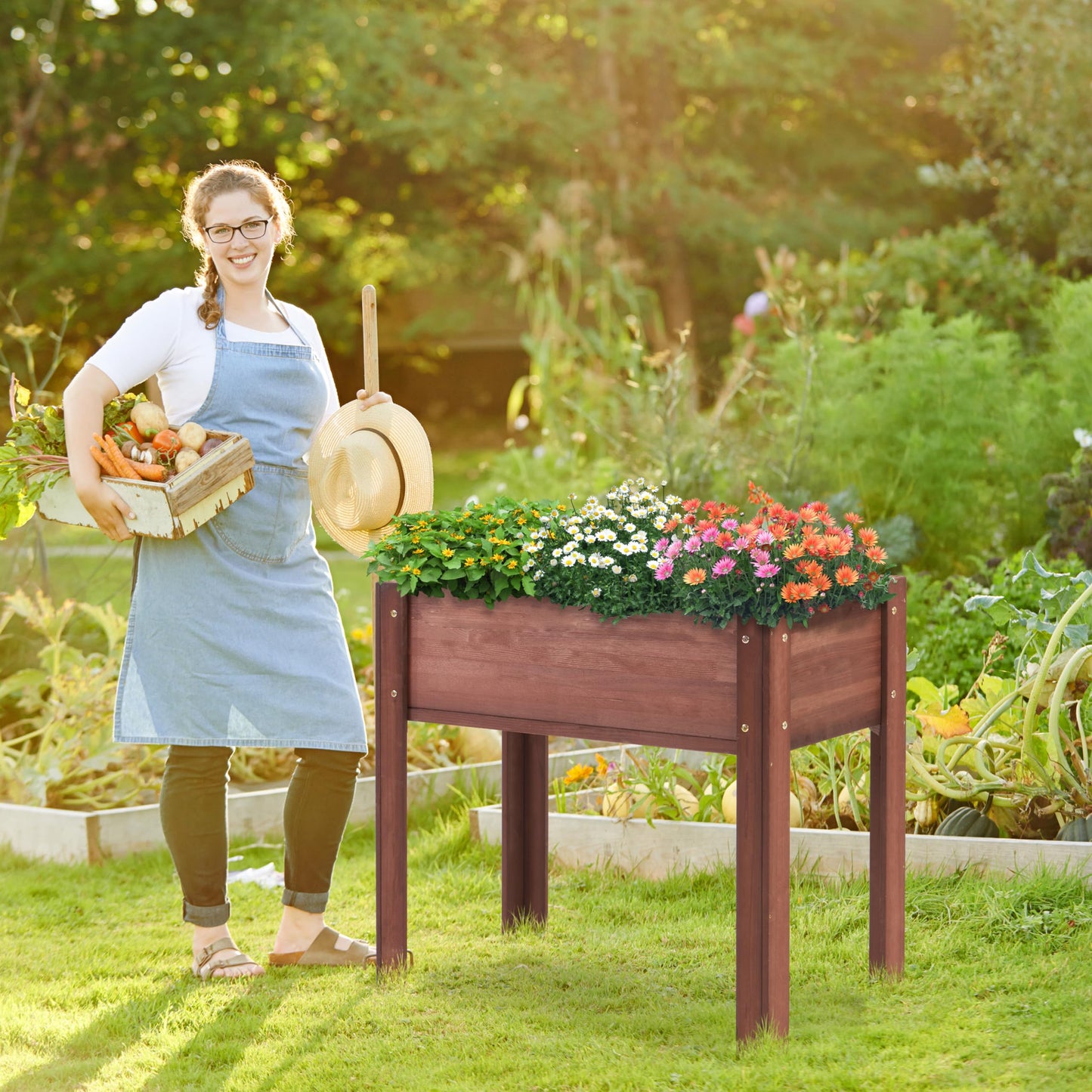 Raised Garden Bed with Legs, 31x16x31'', Outdoor Wood Elevated Planter Box, Grey Cedar, Thick Legs, w/Liner