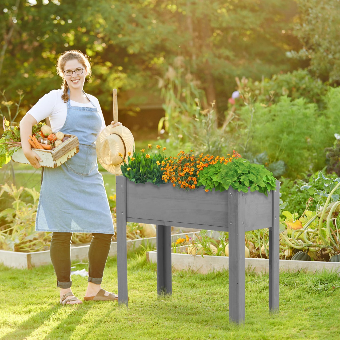 Raised Garden Bed with Legs, 31x16x31'', Outdoor Wood Elevated Planter Box, Grey Cedar, Thick Legs, w/Liner