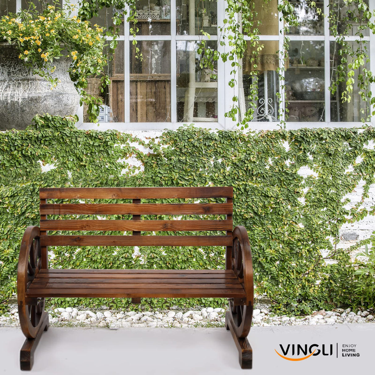 VINGLI 41" Rustic Wooden Wheel Bench - Stylish 2-Person Outdoor Patio Seat with High Capacity VINGLI