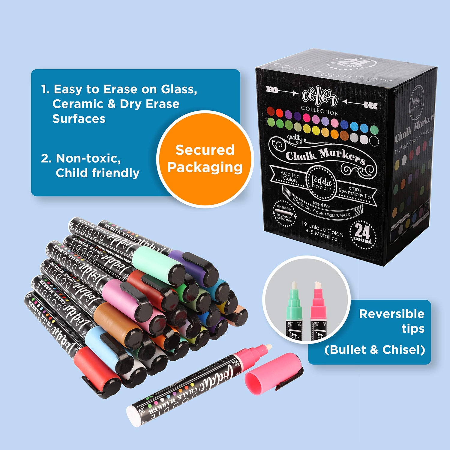 Loddie Doddie Liquid Chalk Markers | Dust Free Chalk Pens - Perfect for Chalkboards, Blackboards, Windows and Glass | 6mm Reversible Bullet & Chisel Loddie Doddie