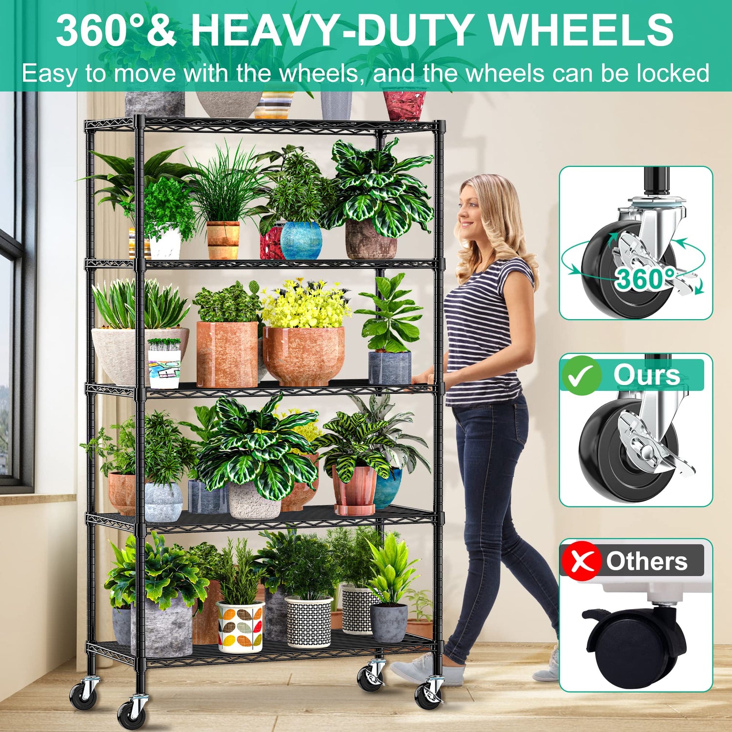 Folews 5 Tier Storage Shelves with Wheels - Metal Shelves for Storage Adjustable Wire Shelving Unit Organizer Storage Rack Shelf for Kitchen Garage Folews