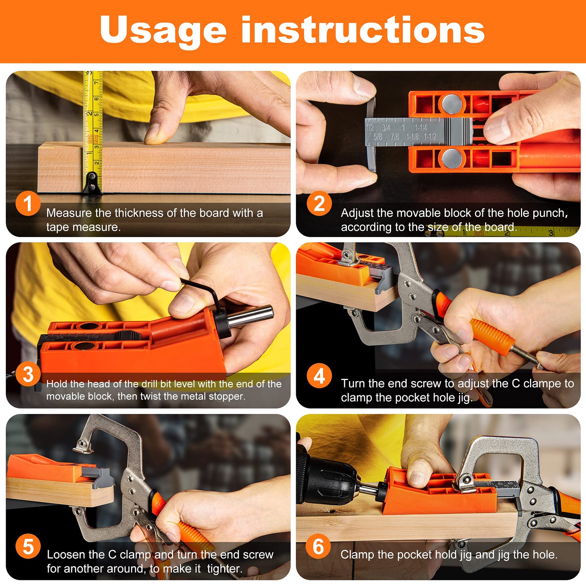 Pocket Hole Jig System Kit, Pocket Screw Jig with 11 Inch Clamp, Square Driver Bit, Hex Wrench, Depth Stop Collar, Step Drill Bit, Coarse Square - WoodArtSupply