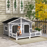 PawHut Wooden Large Dog House Outdoor Double XL Dog Kennel with Elevated Floor and Porch, Weatherproof Puppy Shelter for Small and Medium Breed Dogs, PawHut