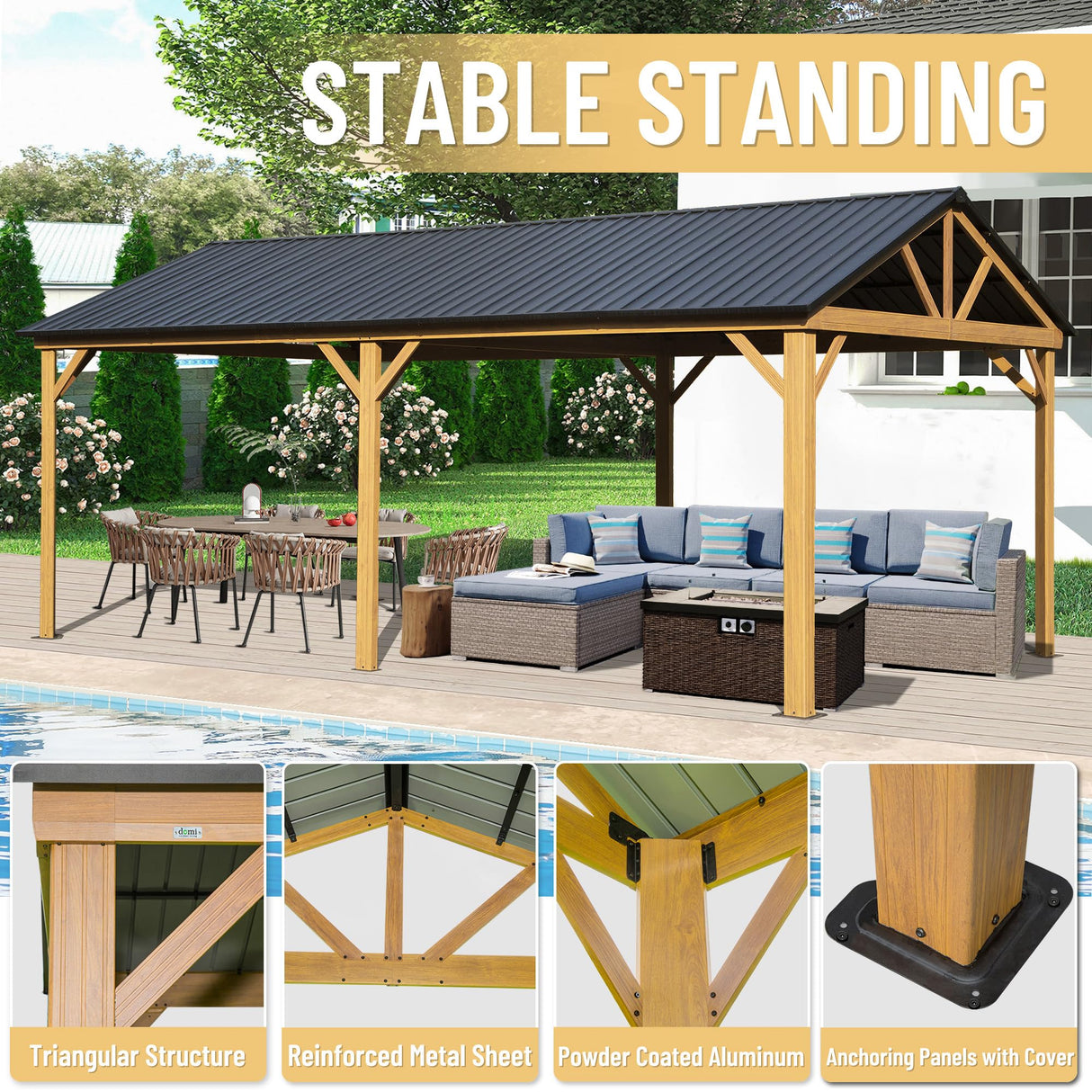 Domi 12' x 20' Hardtop Gazebo with Galvanized Steel Gable Roof, Pergola with Wood-Looking Aluminum Frame, Permanent Pavilion Outdoor Gazebo with domi outdoor living