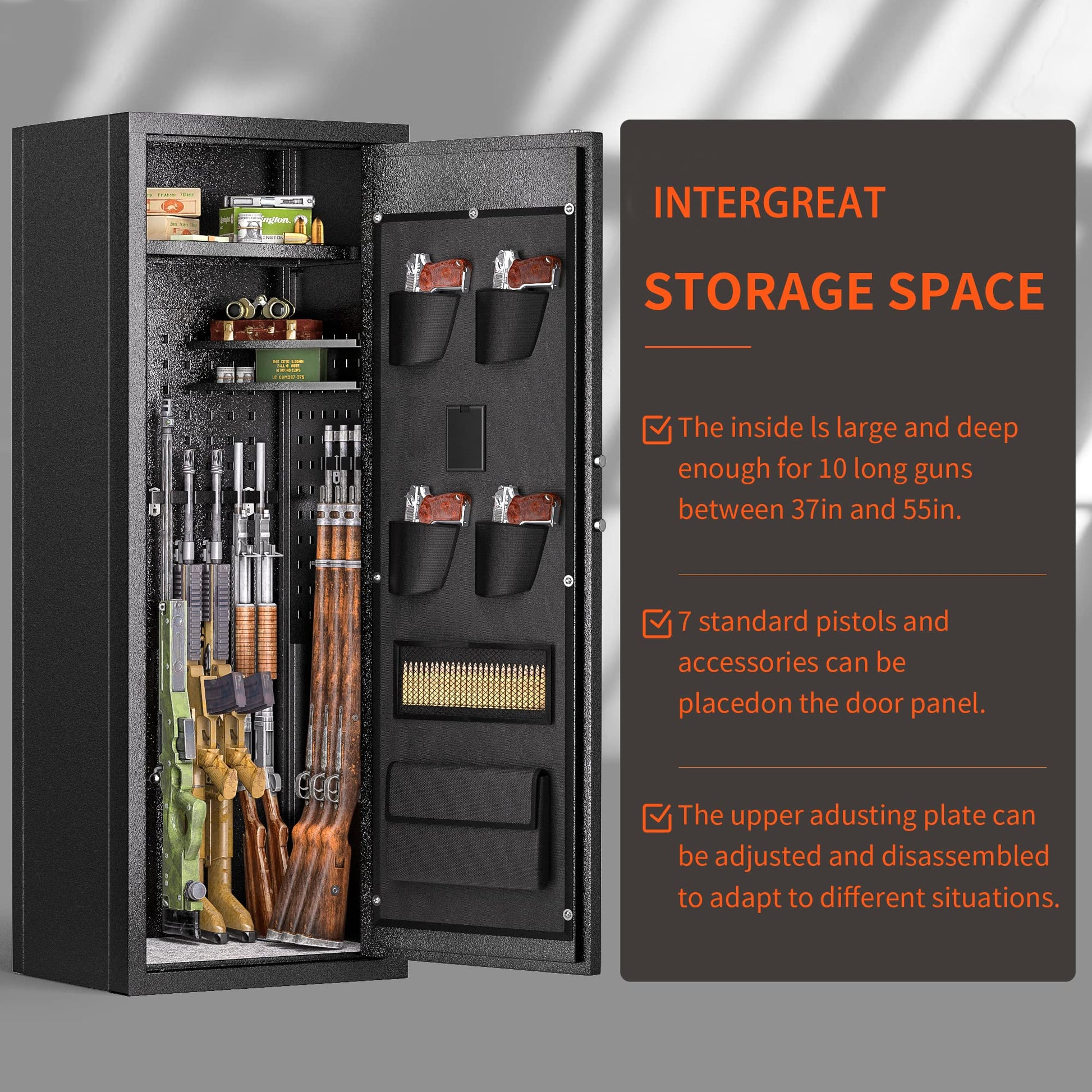 INTERGREAT 10-12 Rifle Gun Safe for Home and Pistols, Biometric Safes Shotguns, Fingerprint Locker with 3 Adjustable Shelves, Quick Access, Pockets - WoodArtSupply