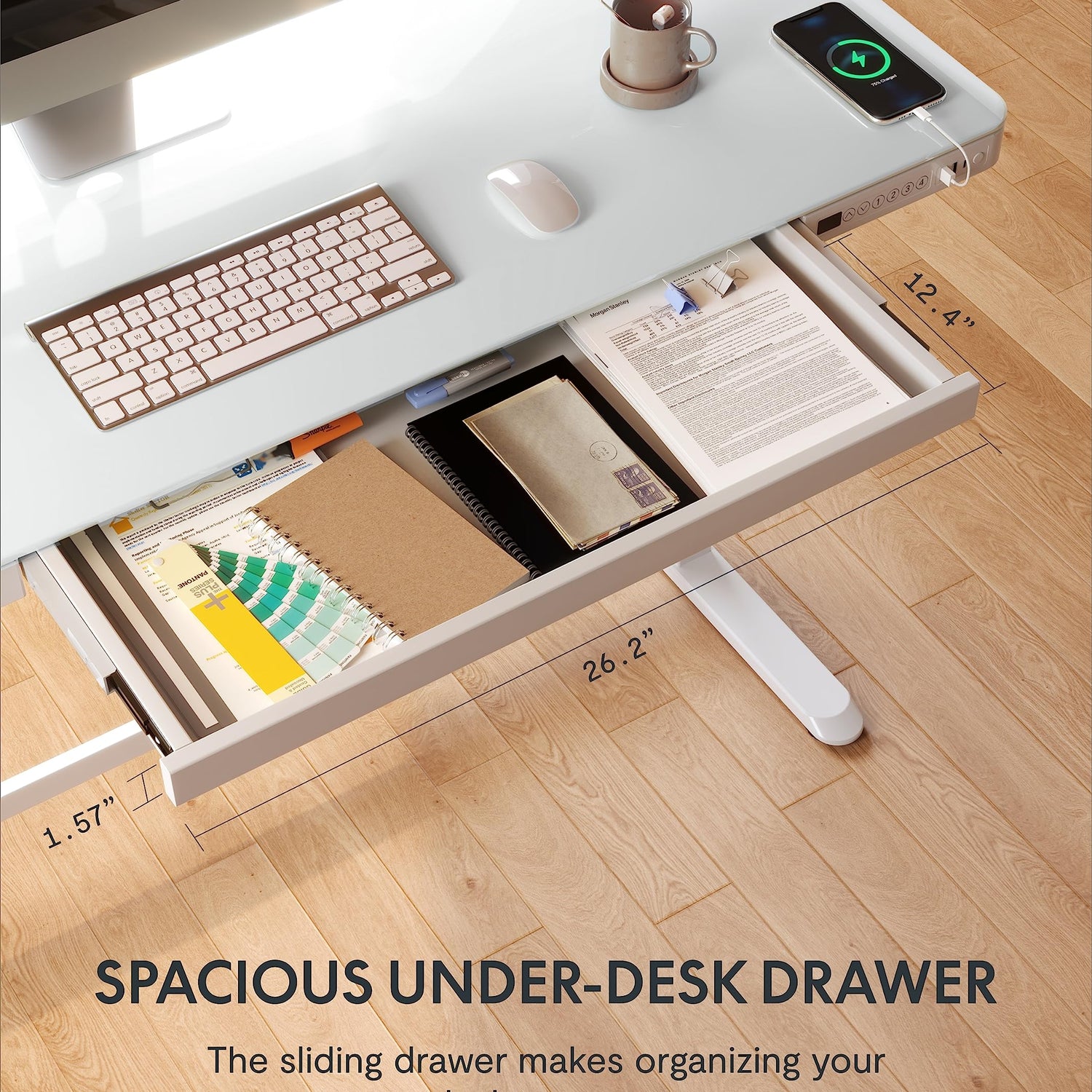 FLEXISPOT Electric Glass Standing Desk with Drawer Desktop & Adjustable Frame Quick Install w/USB Charge Ports, Child Lock (White, Glass) FLEXISPOT