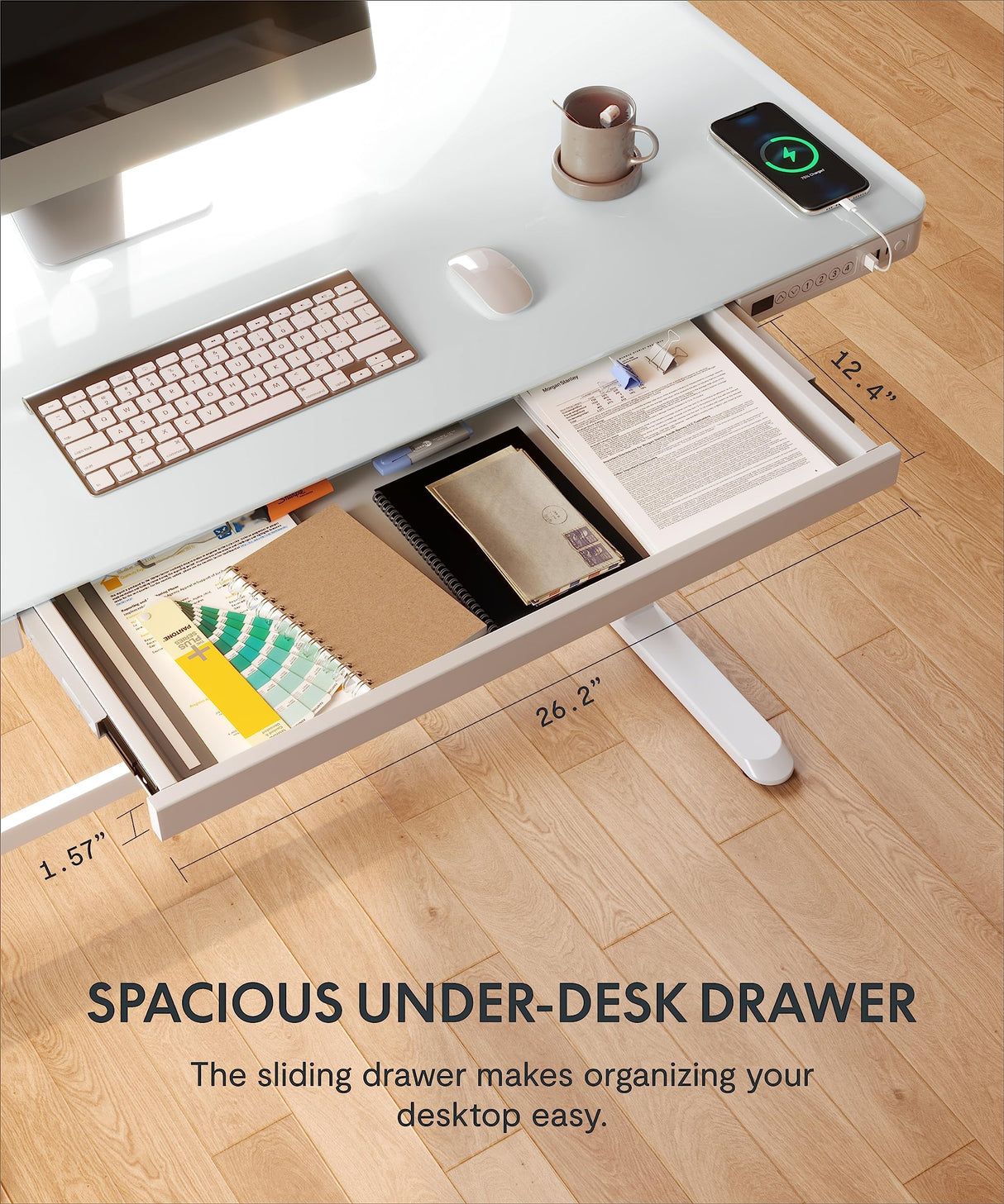 FLEXISPOT Electric Glass Standing Desk with Drawer Desktop & Adjustable Frame Quick Install w/USB Charge Ports, Child Lock (White, Glass) FLEXISPOT