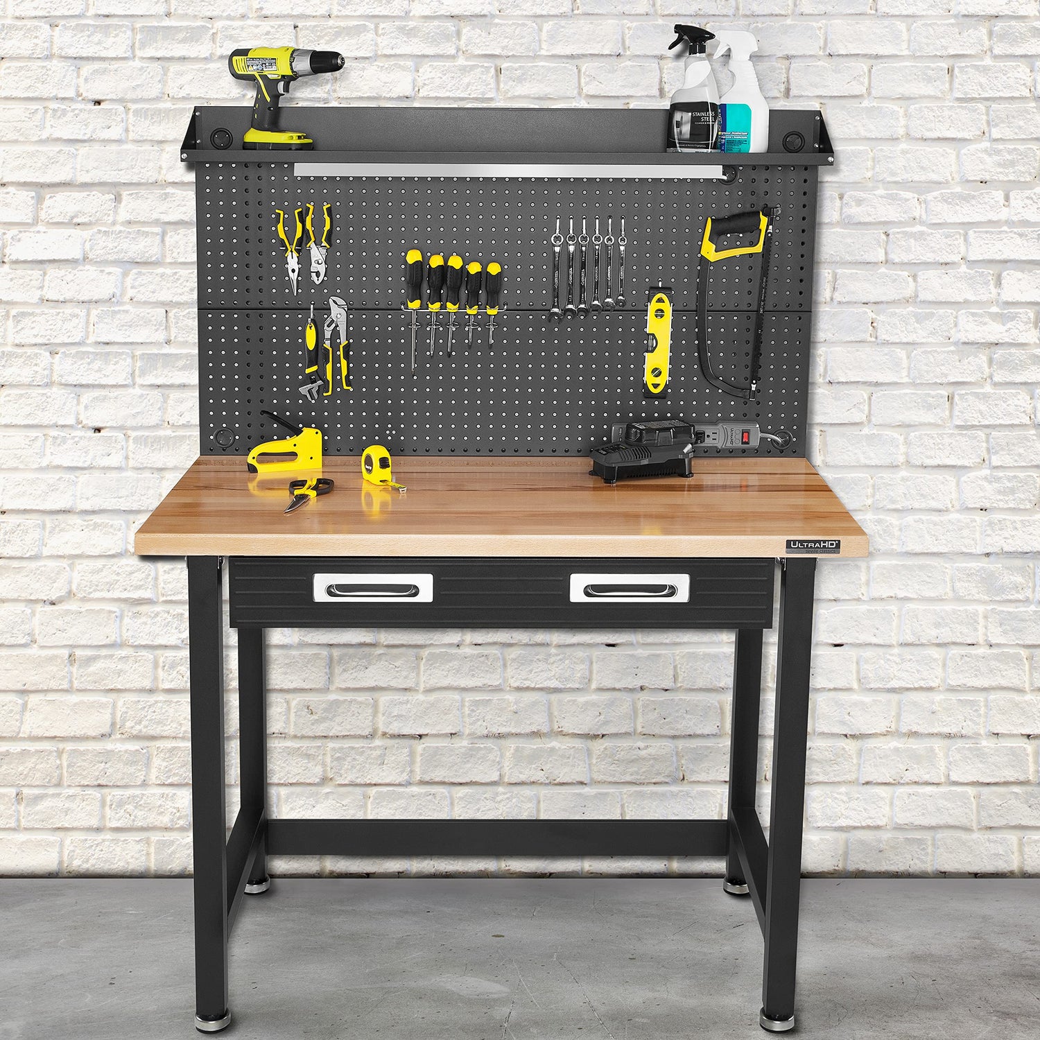 Seville Classics UltraHD Heavy Duty Commercial Lighted Workcenter w/Pegboard, 500 lbs. Weight Capacity for Garage, Warehouse, Workshop, Solid Wood Seville Classics