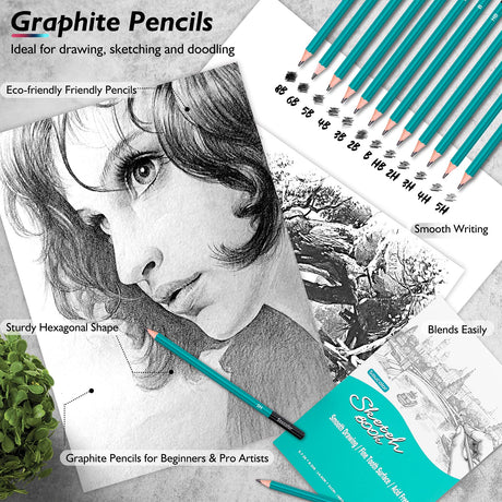 Soucolor 73 Art Supplies for Adults Kids, Art Kit Drawing Supplies Sketching Pencils Coloring Set with Sketchbook, Coloring Book, Charcoal Metallic Soucolor