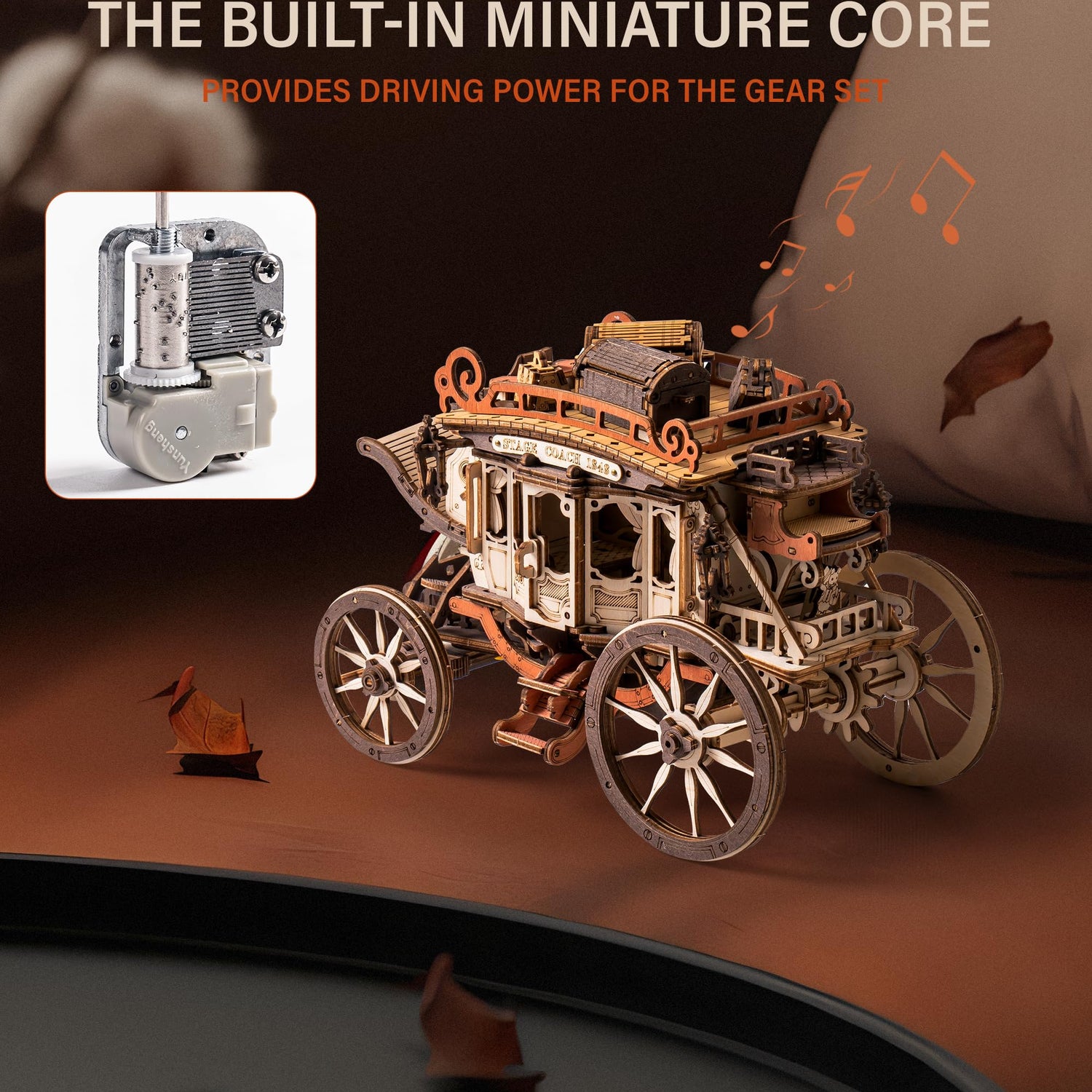 ROBOTIME Stagecoach Wooden Music Box Puzzle AMKA1, Valentines Day Gift 3D Wooden Puzzles for Adults, Mechanical 3D Model to Build, Birthday ROBOTIME