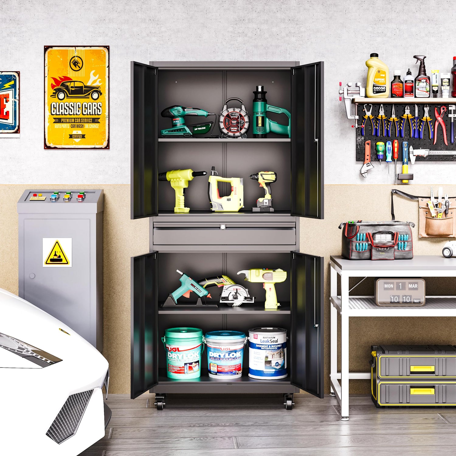 LISSIMO Metal Storage Cabinet with Wheels, Locking Garage Storage Cabinet with Adjustable Shelves and Drawer, Rolling Tool Cabinet for Home Office LISSIMO